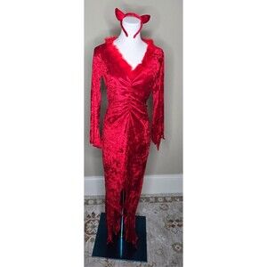 Women's M Devil Halloween Costume Red Velvet Maxi Dress w/ Horns Tail Y2K Goth